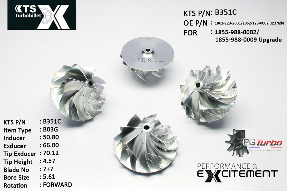 Turbo ROUE FORGÉE MFS PERFORMANCE - 7+7 PALES - INDUCER : 50,8 - EXDUCER : 66 - TYPE : B03GANGLE : 55° - ROTATION : Forward - SUPER BACK : 3,81 - BORE SIZE : 5,61
